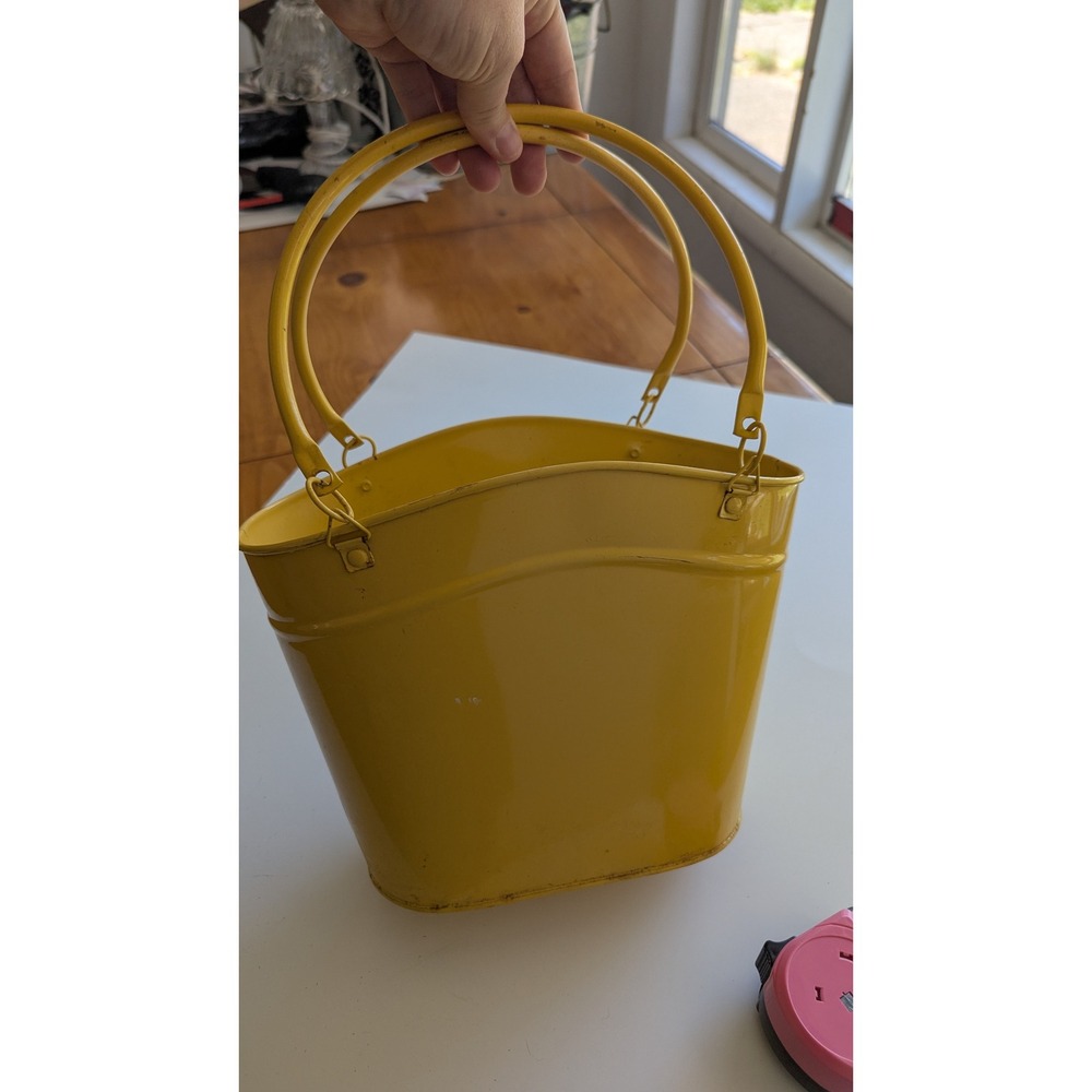 Vintage Yellow Metal Bucket Bag Tin Tote Garden Caddy Retro Decor Handbag